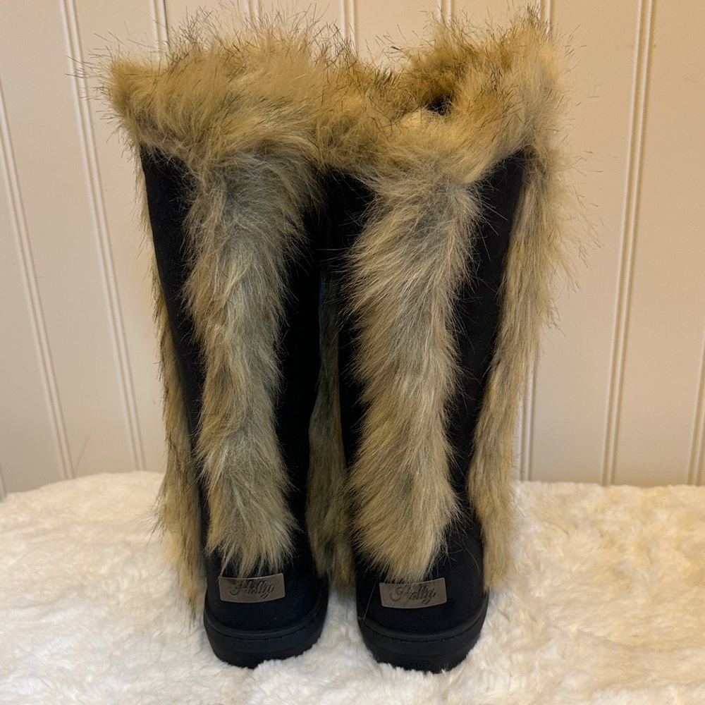 Holly Chic Black Winter Boots with Tan Fur - Picture 4 of 4